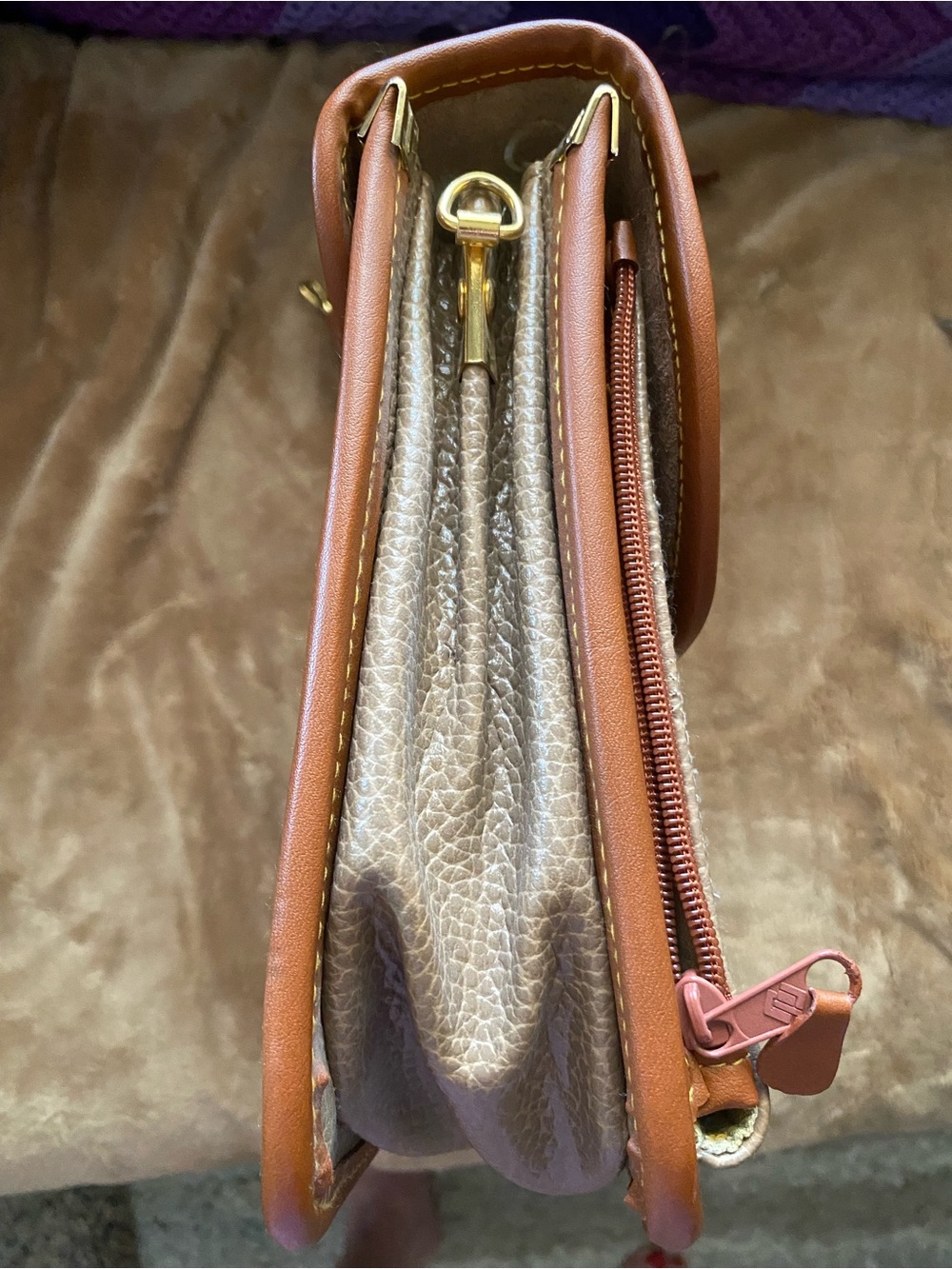 Dooney & Burke Pebbled Taupe Satchel Turn Lock with Tan Trim and Gold Hardware - Picture 5 of 16
